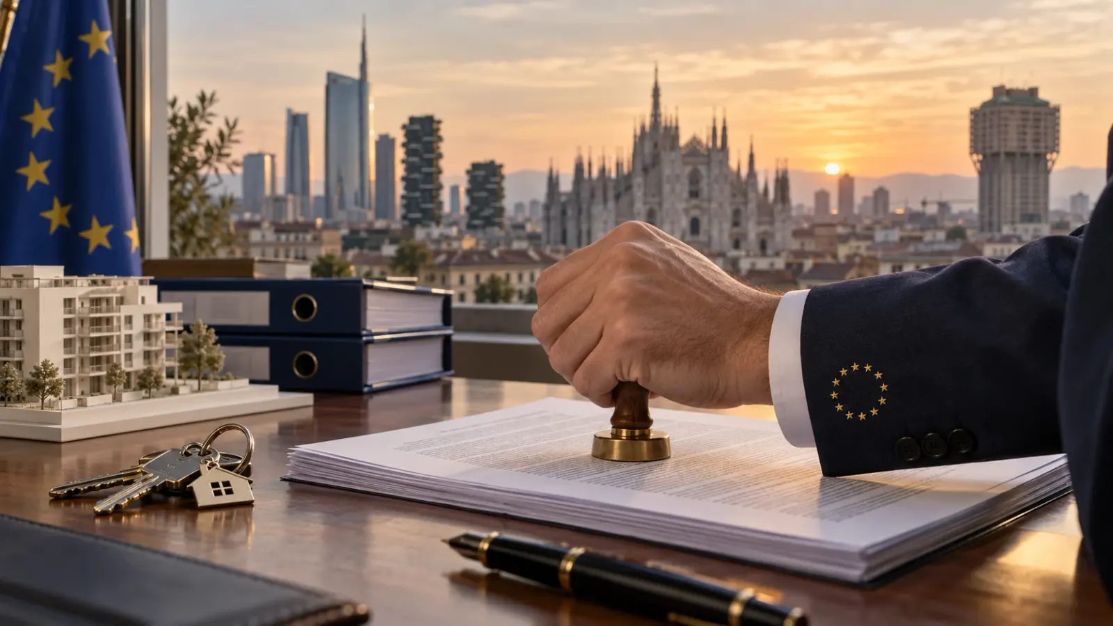 Mano con la manica dell'Unione europea che timbra un documento su una scrivania affacciata sullo skyline di Milano con il Duomo